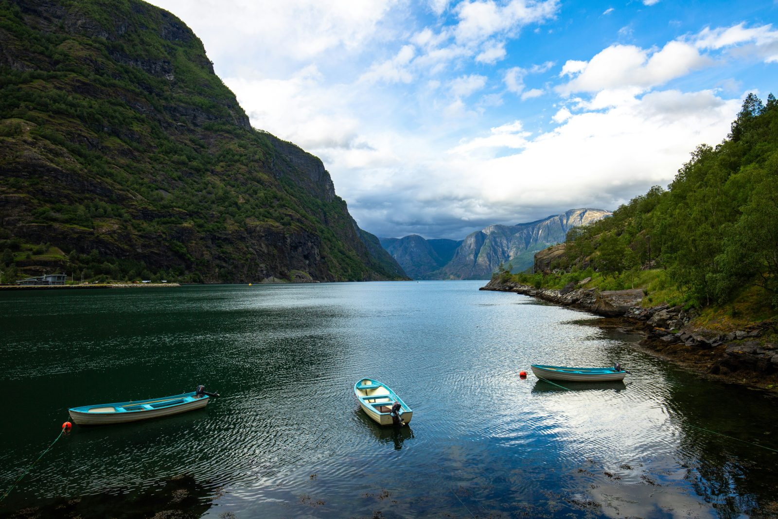 Robåter på stille vann i Aurlandsfjorden ved Flåm, med bratte, grønne fjellsider som åpner seg mot fjorden