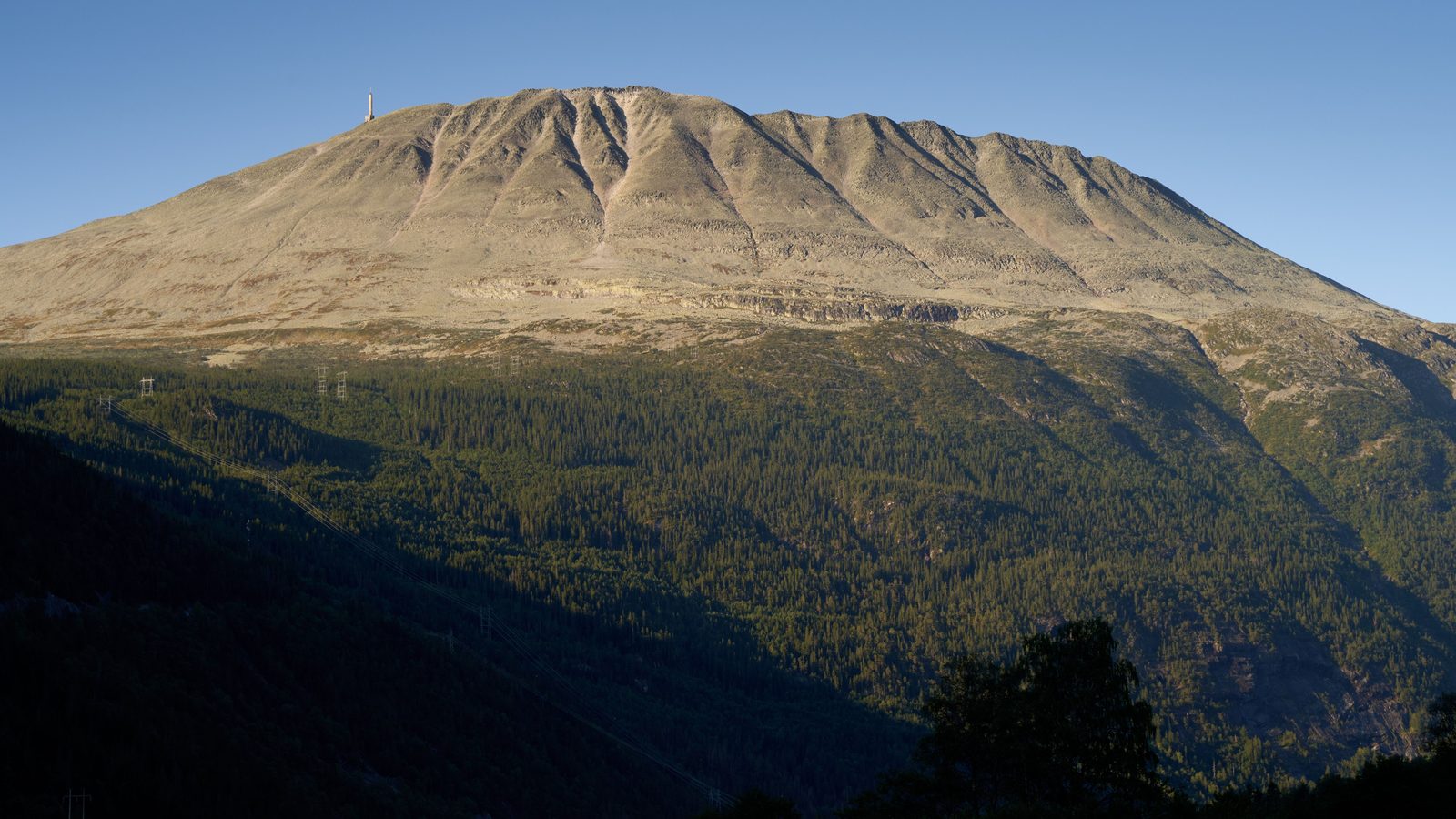 Gaustatoppen sett fra dalen i kveldslys, med den langstrakte steinryggen og tårnet på toppen over skogkledde lier