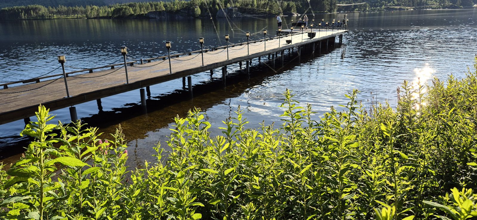 Lang trebrygge med lykter ut i Byglandsfjorden ved Revsnes Hotell en sommerkveld