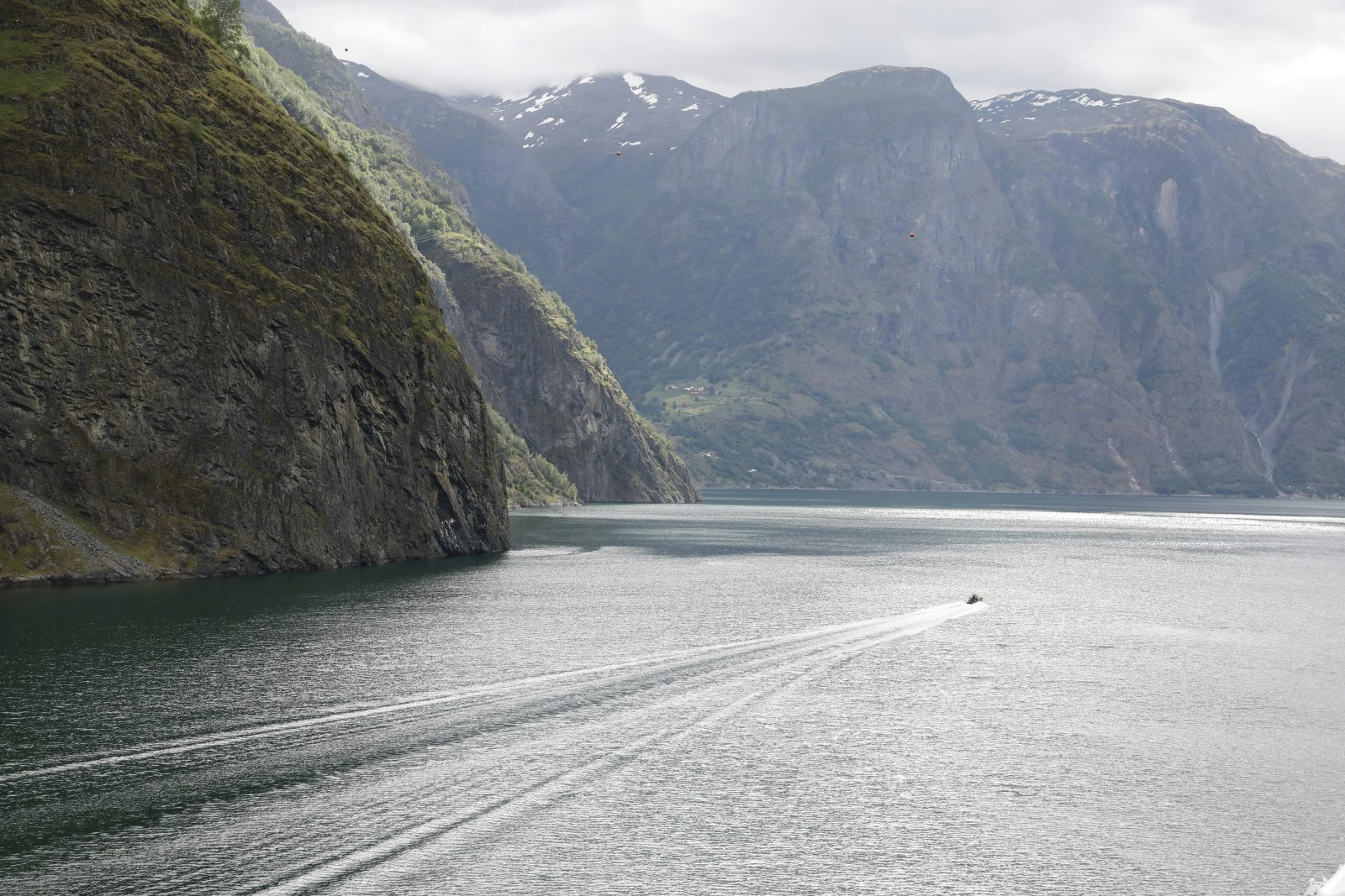 En liten båt trekker en lang stripe over Sognefjorden, under en bratt fjellvegg med snø på toppene