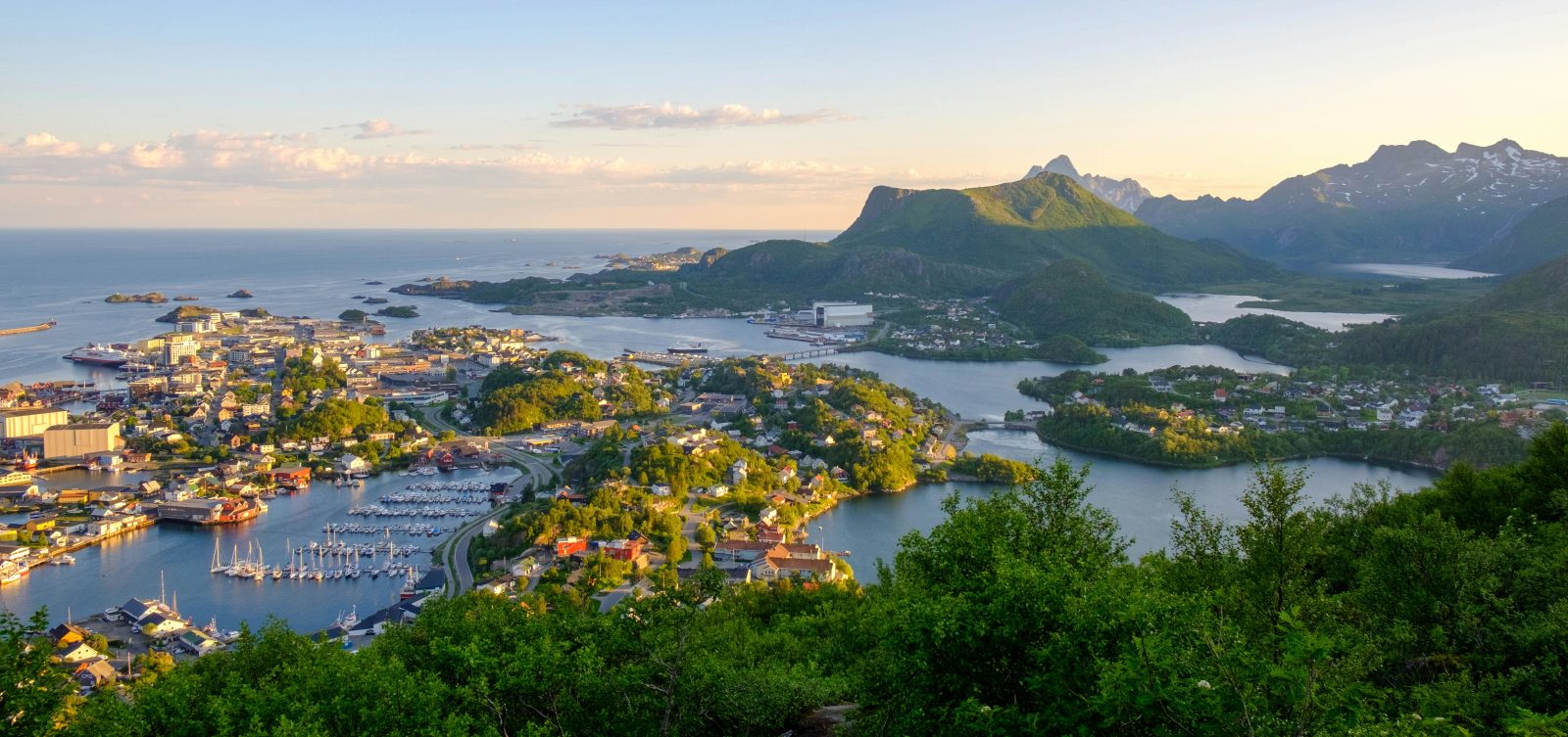Svolvær sett fra fjellet i kveldslys, med byen, havna og småbåthavnene mellom Vestfjorden og grønne fjell